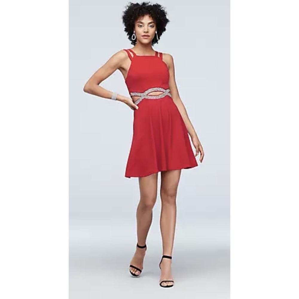 Speechless Red Double Strap High Neck Crystal Cutout Mini Dress - Size 5